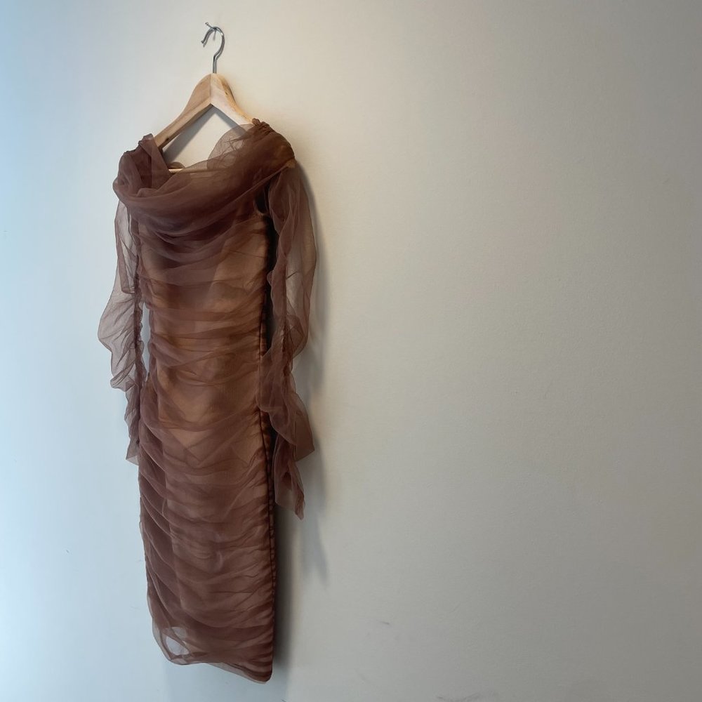 Fashion Nova Ruched And Ready Bandage Midi Dress - Taupe Size S - Picture 2 of 12